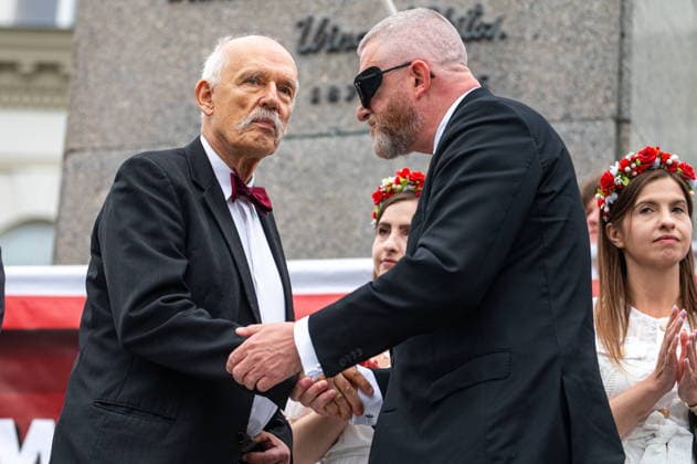 Warszawa 12.07.2026 Polish nationalist Volhynia March in memory of massacres of Poles in Volhynia organized by the far right --- Marsz Wolynski upamietniajacy ofiary Rzezi Wolynskiej organizowany przez prawicowych politykow. Persons shown : Janusz Korwin-Mikke Grzegorz Braun Fot. Kai Taller Arena Akcji NEWSPIX.PL --- newspix.pl POLAND OUT! 