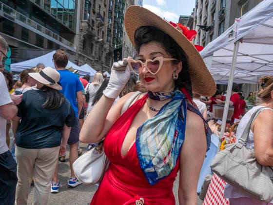 July 12, 2026, New York, New York, USA: French Fashion strikes a pose at New York City s largest public Bastille Day celebration hosted by.L Alliance New York took place on Madison Ave with a massive block.party with gourmet and lifestyle vendors, classic Citroens, a dog parade and a .monumental street Goose Game. New York USA - ZUMAh156 20260712_znp_h156_012 Copyright: xMiloxHessx