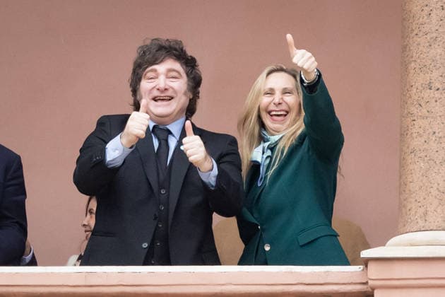 July 12, 2026, Buenos Aires, Buenos Aires, Argentina: Argentine President JAVIER MILEI and his sister, KARINA MILEI, wave from the balcony of the Casa Rosada during Argentina s Independence Day celebrations. Buenos Aires Argentina - ZUMAp265 20260712_zip_p265_013 Copyright: xDelfinaxCorberaxPix