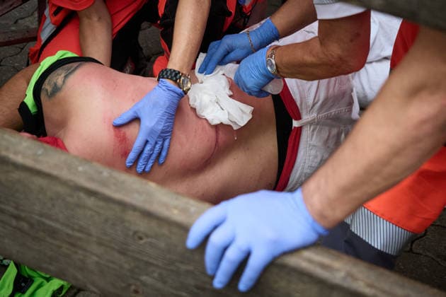Seventh bull run of the 2026 San Fermín Festival, featuring injured Miura bulls treated by Red Cross volunteers during the seventh bull run of the 2026 San Fermín Festival, on July 13, 2026, in Pamplona, Navarre, Spain. On this occasion, the seventh running of the San Fermín festival featured bulls from the Miura ranch in Spain.  Copyright: xEduardoxSanzx 7661286