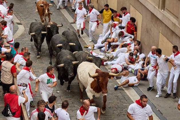 News Bilder des Tages July 13, 2026, Pamplona, Navarre, Spain: People take part in the traditional encierro (bull-run) of the San Fermin Festival in Pamplona, Spain on July 13, 2026. The bull-running fiesta is held annually from 06 to 14 July in commemoration of the city s patron saint. Visitors from all over the world attend the festival. Many of them physically participate in the highlight event - the running of the bulls, or encierro - where they attempt to outrun the animals along a route through the narrow streets of Pamplona s old city. Pamplona Spain - ZUMAa206 20260713_zsp_a206_025 Copyright: xRubenxAlbarranx