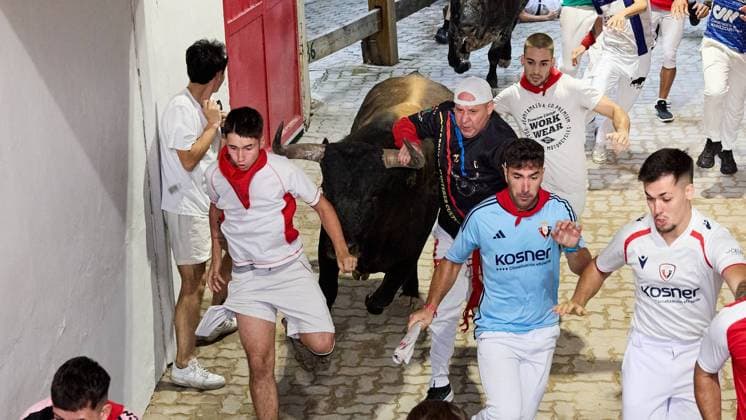 Pamplona. Navarra. 13 julio 2026. Fiestas. Sanfermines. Encierro SÃ ptimo encierro de San Fermin 2026 con toros de la ganaderia de Miura en el tramo del callejon y entrada a la plaza, en Pamplona a 13 de julio de 2026. CrÃ dito: Inigo Alzugaray Cordon Press Cordon Press 