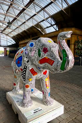 Trunks Across The Thames Ellie Pants decorated with underwear in Windsor Old Station. Trunks across the Thames is Thames Hospice™s very first art trail which will see businesses, schools, community groups and artists unite to create a free, fun, family-friendly trail of discovery for the local community to explore and enjoy. The majestic herd will be marching between 13th July to 13th September 2026! The herd of individually designed magnificent elephant sculptures will bring vibrancy, colour and creative artistry, transforming the streets, parks and open spaces of Slough, Eton and Windsor into a glorious open-air gallery., Credit:Geoffrey Swaine Geoff Swaine - B4563 Avalon UK, Berkshire, Windsor  Copyright: xGeoffreyxSwainex xGeoffxSwainex-xB4563x xAvalonx 1116316144