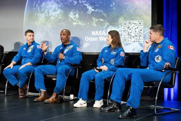 NOORDWIJK - Astronauts Reid Wiseman, Victor Glover, Christina Koch, and Jeremy Hansen at a press conference at ESTEC, the Dutch facility of the European Space Agency (ESA). The four astronauts flew around the moon in April during the Artemis II flight. LINA SELG ANP netherlands out - belgium out  Copyright: xx x563461230x originalFilename: 563461230.jpg