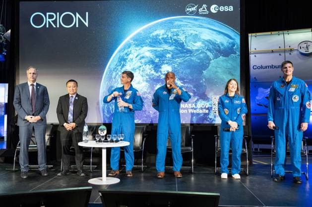 NOORDWIJK - Daniel Neuenschwander (Director of Human and Robotic Exploration ESA), Howard Hu (Orion Project manager NASA) and astronauts Reid Wiseman, Victor Glover, Christina Koch and Jeremy Hansen during a press conference at ESTEC, the Dutch facility of the European Space Agency ESA. The four astronauts flew around the moon in April during the Artemis II flight. LINA SELG ANP netherlands out - belgium out  Copyright: xx x563461637x originalFilename: 563461637.jpg