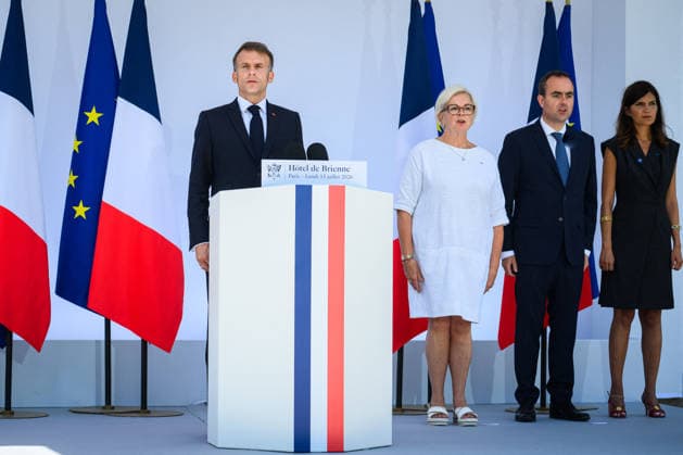 Speech by The President of The Republic to The Armies - Paris Emmanuel Macron, president of the French Republic, delivers a speech to the armed forces at the Hotel de Brienne in Paris, France on July 13, 2026, accompanied by Catherine Vautrin, minister of the Armed Forces, Sebastien Lecornu, prime minister, and Alice Rufo, minister delegate to the minister of the armed forces. Photo by Eric Tschaen Pool ABACAPRESS.COM Paris IDF France  Copyright: xTschaenxEric Pool ABACAx