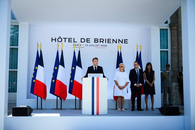 Speech by The President of The Republic to The Armies - Paris Emmanuel Macron, president of the French Republic, delivers a speech to the armed forces at the Hotel de Brienne in Paris, France on July 13, 2026, accompanied by Catherine Vautrin, minister of the Armed Forces, Sebastien Lecornu, prime minister, and Alice Rufo, minister delegate to the minister of the armed forces. Photo by Eric Tschaen Pool ABACAPRESS.COM Paris IDF France  Copyright: xTschaenxEric Pool ABACAx