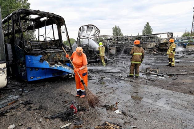 RECORD DATE NOT STATED Firefighters with the State Emergency Service of Ukraine extinguish smoldering hotspots at a bus depot destroyed in a Russian missile and drone attack in Odesa, Ukraine, on July 13, 2026. Russian forces launched a missile and drone attack on the city on the morning of July 13, damaging a transport company, private houses and a sanatorium building. Four people, including a five-year-old girl, were injured (Photo by Nina Liashonok Ukrinform) Russian attack damages bus depot in Odesa  Copyright: xNinaxLiashonokx