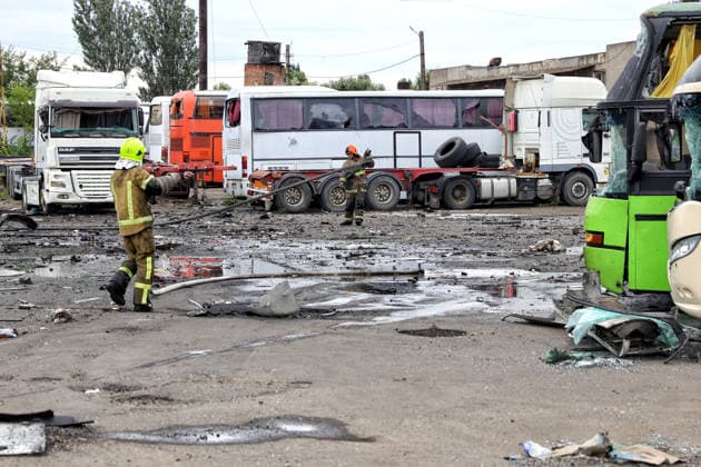 RECORD DATE NOT STATED Firefighters with the State Emergency Service of Ukraine extinguish smoldering hotspots at a bus depot destroyed in a Russian missile and drone attack in Odesa, Ukraine, on July 13, 2026. Russian forces launched a missile and drone attack on the city on the morning of July 13, damaging a transport company, private houses and a sanatorium building. Four people, including a five-year-old girl, were injured (Photo by Nina Liashonok Ukrinform) Russian attack damages bus depot in Odesa  Copyright: xNinaxLiashonokx