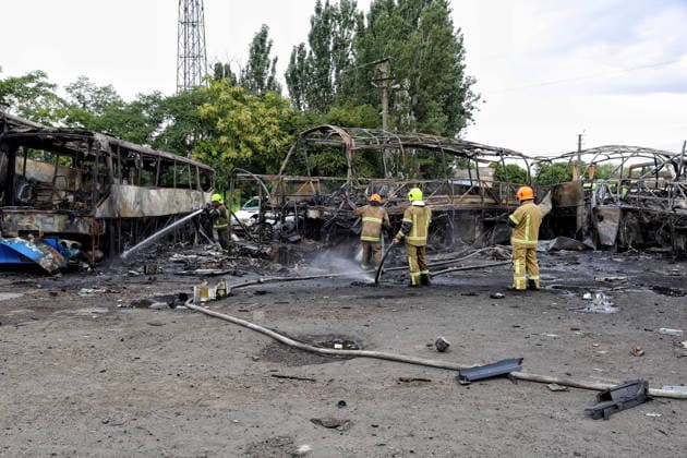 Russian attack damages bus depot in Odesa Firefighters with the State Emergency Service of Ukraine extinguish smoldering hotspots at a bus depot destroyed in a Russian missile and drone attack in Odesa, Ukraine, on July 13, 2026. Russian forces launched a missile and drone attack on the city on the morning of July 13, damaging a transport company, private houses and a sanatorium building. Four people, including a five-year-old girl, were injured, Credit:Nina Liashonok Ukrinform Avalon Ukraine, Odesa  Copyright: xNinaxLiashonokx xUkrinformx xAvalonx 1116344999