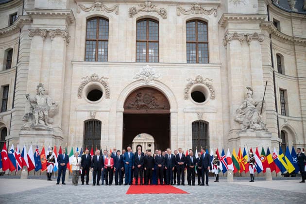 The Coalition Of The Willing Summit Group Photo - Paris European and NATO leaders pose for a historic group picture at the Hotel des Invalides ahead of the Coalition of the Willing Summit in Paris, France, on July 13, 2026. Seen in the photograph are: French President Emmanuel Macron, Ukrainian President Volodymyr Zelenskyy, Moldovan President Maia Sandu, Finnish President Alexander Stubb, Romanian President Nicusor Dan, Albanian Prime Minister Edi Rama, Croatian Prime Minister Andrej Plenkovic, Spanish Prime Minister Pedro Sanchez, Danish Prime Minister Mette Frederiksen, Norwegian Prime Minister Jonas Gahr Store, Swedish Prime Minister Ulf Kristersson, Greek Prime Minister Kyriakos Mitsotakis, Luxembourg Prime Minister Luc Frieden, Polish  Copyright: xBlondetxEliot ABACAx