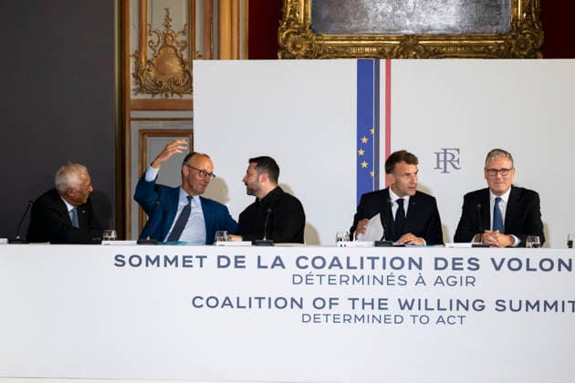 The Coalition Of The Willing Summit - Paris (L-R) European Council President Antonio Costa, German Chancellor Friedrich Merz, Ukrainian President Volodymyr Zelenskyy, French President Emmanuel Macron and British Prime Minister Sir Keir Starmer are seen around a table at the Hotel des Invalides ahead of the Coalition of the Willing Summit in Paris, France, on July 13, 2026. Photo by Eliot Blondet ABACAPRESS.COM Paris France  Copyright: xBlondetxEliot ABACAx