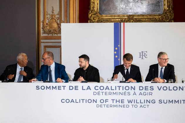 The Coalition Of The Willing Summit - Paris (L-R) European Council President Antonio Costa, German Chancellor Friedrich Merz, Ukrainian President Volodymyr Zelenskyy, French President Emmanuel Macron and British Prime Minister Sir Keir Starmer are seen around a table at the Hotel des Invalides ahead of the Coalition of the Willing Summit in Paris, France, on July 13, 2026. Photo by Eliot Blondet ABACAPRESS.COM Paris France  Copyright: xBlondetxEliot ABACAx