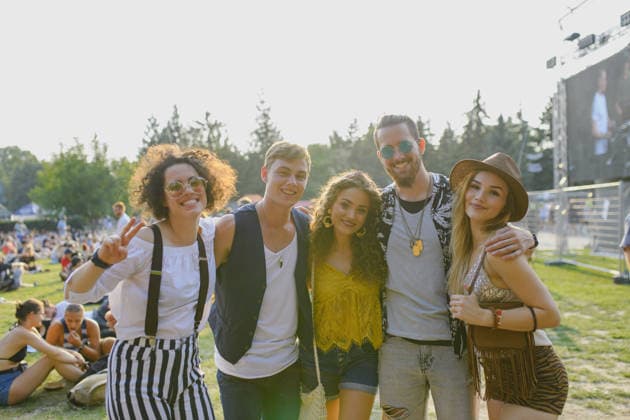 Group of young friends at summer festival. Group of cheerful young friends at summer festival, looking at camera. model released