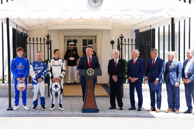 July 13, 2026, Washington, District Of Columbia, USA: United States President Donald J Trump hosts top IndyCar drivers at the White House in Washington, DC, USA, to promote the inaugural Freedom 250 Grand Prix on Monday, July 13, 2026. The race will be held in DC on August 22-23, 2026. Drivers pictured at left are: reigning IndyCar champion Ãlex Palou, Felix Rosenqvist, the 2026 Indy 500, and David Malukas Washington USA - ZUMAs152 20260713_faa_s152_005 Copyright: xAaronxSchwartzx-xPoolxviaxCNPx