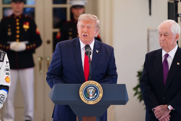 President Donald Trump makes remarks while hosting top IndyCar drivers at the White House in Washington, DC to promote the inaugural Freedom 250 Grand Prix on Monday, July 13, 2026. The race will be held in DC on August 22-23, 2026.  WASP20260713110 AaronxSchwartz