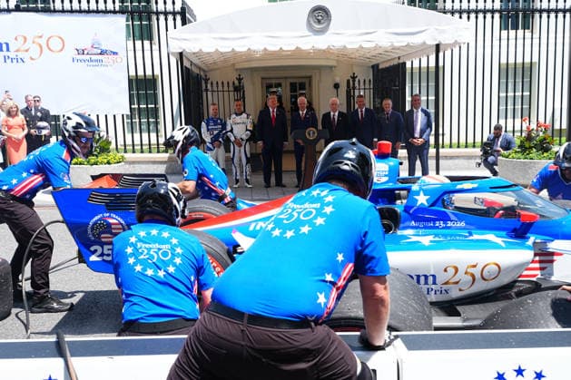 A pit crew services a race car as President Donald Trump hosts top IndyCar drivers at the White House in Washington, DC to promote the inaugural Freedom 250 Grand Prix on Monday, July 13, 2026. The race will be held in DC on August 22-23, 2026.  WASP20260713112 AaronxSchwartz