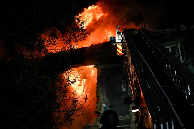 RECORD DATE NOT STATED Firefighters with the State Emergency Service of Ukraine extinguish a fire from an aerial ladder at a house following a nighttime Russian drone attack in Zaporizhzhia, Ukraine, on July 12, 2026. Six people, including a 15-year-old boy, were injured in the attack (Photo by Dmytro Smolienko Ukrinform) Nighttime Russian drone strike hits Zaporizhzhia  Copyright: xDmytroxSmolienkox