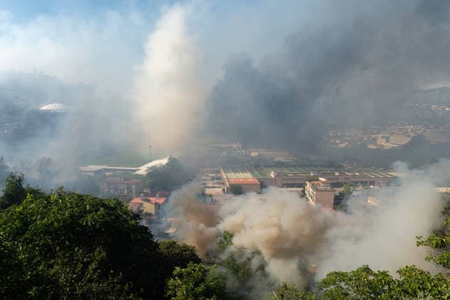 Wildfire erupts near Campi Flegrei volcanic area in Italy POZZUOLI, ITALY - JULY 13: A big wildfire is seen in the Pisciarelli area located on the outer edge of the Solfatara volcanic crater in the Campi Flegrei (Phlegraean Fields) volcanic region in Pozzuoli on July 13, 2026. The fire broke out in the undergrowth and quickly spread to several car dealerships, causing fuel tanks and tyres to explode. Eliano Imperato Anadolu Pozzuoli Italy. Editorial use only. Please get in touch for any other usage.  Copyright: x2026xAnadoluxElianoxImperatox