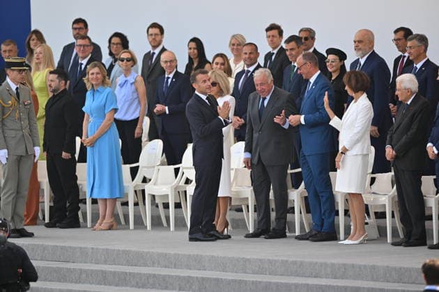 Bastille Day military parade in Paris PARIS, FRANCE - JULY 14: French President Emmanuel Macron (C), his wife Brigitte Macron, Ukrainian President Volodymyr Zelenskyy (2nd L), German Chancellor Friedrich Merz (3rd R) and President of the French Senate Gerard Larcher (4th R) attend the annual Bastille Day military parade on the Place de la Concorde in Paris, France on July 14, 2026. Mustafa Yalcin Anadolu Paris France. Editorial use only. Please get in touch for any other usage.  Copyright: x2026xAnadoluxMustafaxYalcinx