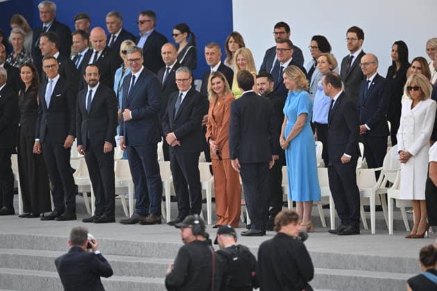 Bastille Day military parade in Paris PARIS, FRANCE - JULY 14: Finnish President Alexander Stubb, Serbian President Aleksandar Vucic, British Prime Minister Keir Starmer, Ukrainian First Lady Olena Zelenska, French President Emmanuel Macron (back to camera), Ukrainian President Volodymyr Zelenskyy, and French First Lady Brigitte Macron (far right) attend the traditional Bastille Day military parade in Paris, France, July 14, 2026. Mustafa Yalcin Anadolu Paris France. Editorial use only. Please get in touch for any other usage.  Copyright: x2026xAnadoluxMustafaxYalcinx
