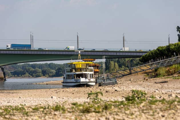 Niedrigwasser am Rhein: Freiliegende Uferbereiche am Beueler Rheinufer in Bonn Bonn-Beuel, Nordrhein-Westfalen, Deutschland 14.07.2026: Das Beueler Rheinufer zeigt sich bei sommerlichem Wetter mit einem deutlich niedrigen Wasserstand des Rheins. Weite Kies- und Sandflächen sind freigelegt, während sich der Fluss auf sein schmaleres Bett zurückgezogen hat. Der aktuelle Rheinpegel am Pegel Bonn liegt bei rund 102 bis 103 Zentimetern und unterstreicht die anhaltende Niedrigwassersituation. Bonn Beuel Nordrhein-Westfalen Deutschland *** Low Water Levels on the Rhine: Exposed Riverbanks Along the Rhine in Beuel, Bonn, North Rhine-Westphalia, Germany July 14, 2026 The Beuel bank of the Rhine is visible in summery weather with the river’s w