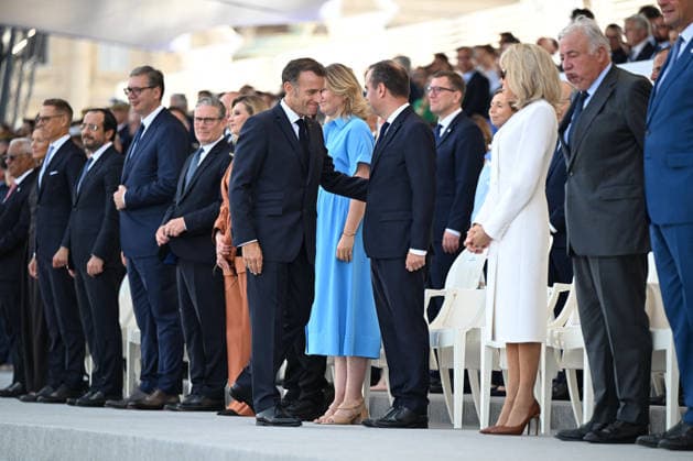 President Emmanuel Macron, Brigitte Macron, and officials at the July 14 military ceremony in Paris Jeanne Accorsini Pool Bestimage French President Emmanuel Macron, his wife Brigitte Macron, British Prime Minister Keir Starmer, Ukrainian First Lady Olena Zelenska, Ukrainian President Volodymyr Zelenskyy, French Prime Minister Sébastien Lecornu, German Chancellor Friedrich Merz, and President of the French Senate Gérard Larcher attend the annual Bastille Day military parade at the Place de la Concorde in Paris, France on July 14, 2026 ACCORSINIJEANNE accorsini0160 Credit Jeanne Accorsini SIPA 2607141142 Paris, France  Copyright: xJeannexAccorsinix xPoolx xBestimagexJeannexAccorsinix xPoolx xBestimagex