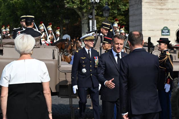 Bastille Day Parade - Place de la Concorde - Paris French Prime Minister Sebastien Lecornu welcomes French President Emmanuel Macron upon his arrival for the annual Bastille Day military parade on the Place de la Concorde in Paris, France, on July 14, 2026. Photo by Jeanne Accorsini Pool ABACAPRESS.COM Paris France  Copyright: xAccorsinixJeanne Pool ABACAx