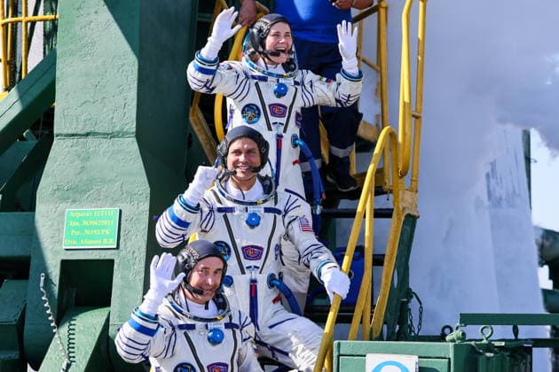 KAZAKHSTAN, BAIKONUR - JULY 14, 2026: ISS Expedition 74 75 prime crew members Roscosmos cosmonaut Pyotr Dubrov, NASA astronaut Anil Menon and Roscosmos cosmonaut Anna Kikina (bottom to top) wave before the launch of the Soyuz-2.1a rocket booster carrying the Soyuz MS-29 spacecraft from Baikonur Cosmodrome. Sergei Savostyanov TASS  95031341