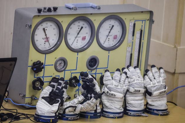 KAZAKHSTAN, BAIKONUR - JULY 14, 2026: Gloves are seen during spacesuit checks for ISS Expedition 74 75 prime crew members before the launch of the Soyuz-2.1a rocket booster carrying the Soyuz MS-29 spacecraft from Baikonur Cosmodrome. Sergei Savostyanov TASS  95029590