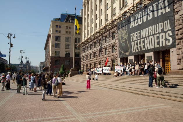 Demonstrators protest against the increase in municipal transport fares during the Preserve Affordable Transport in Kyiv rally outside the Kyiv City State Administration building, Kyiv, Ukraine, July 14, 2026. The capital plans to raise the fare for municipal transport to UAH 30 per single trip. The new tariffs will take effect from July 15, 2026. (Photo by Marianna Kotyk Ukrinform) Kyivans protest against municipal transport fare hike  Copyright: xMariannaxKotykx