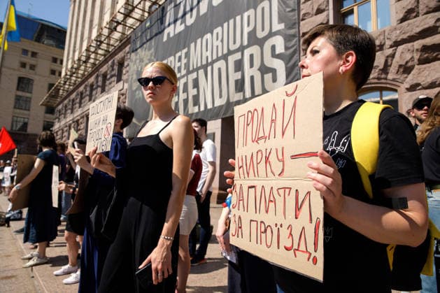 Demonstrators protest against the increase in municipal transport fares during the Preserve Affordable Transport in Kyiv rally outside the Kyiv City State Administration building, Kyiv, Ukraine, July 14, 2026. The capital plans to raise the fare for municipal transport to UAH 30 per single trip. The new tariffs will take effect from July 15, 2026. (Photo by Marianna Kotyk Ukrinform) Kyivans protest against municipal transport fare hike  Copyright: xMariannaxKotykx