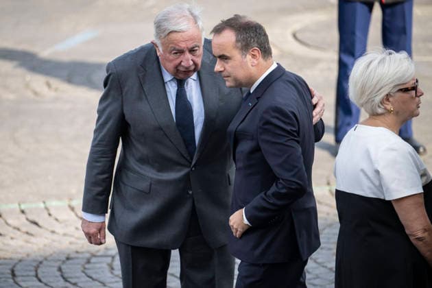 Bastille Day Parade - Place de la Concorde - Paris French prime Minister Sebastien Lecornu with Gerard Larcher during the annual Bastille Day military parade on the Champs-Elysees Avenue in Paris on July 14, 2026.Photo by Eliot Blondet ABACAPRESS.COM Paris France France  Copyright: xBlondetxEliot ABACAx
