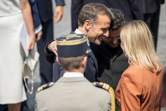Bastille Day Parade - Place de la Concorde - Paris Volodymyr Zelensky and French President Emmanuel Macron during the annual Bastille Day military parade on the Champs-Elysees Avenue in Paris on July 14, 2026. Photo by Eliot Blondet ABACAPRESS.COM Paris France France  Copyright: xBlondetxEliot ABACAx