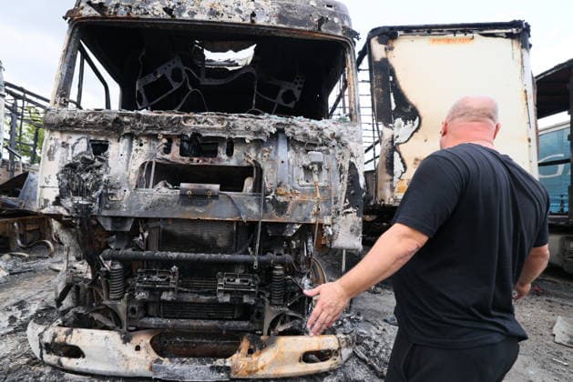 RUSSIA, LUGANSK - JULY 14, 2026: A destroyed vehicle is seen after a military strike on a parking lot with civilian trucks. Alexander Reka TASS  95028662