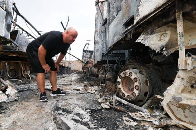 RUSSIA, LUGANSK - JULY 14, 2026: A destroyed vehicle is seen after a military strike on a parking lot with civilian trucks. Alexander Reka TASS  95028666