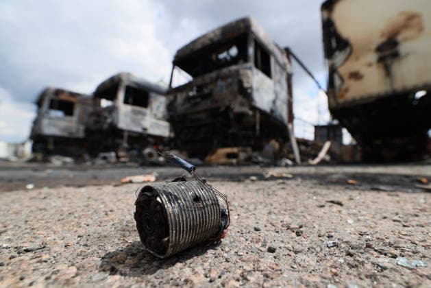 RUSSIA, LUGANSK - JULY 14, 2026: Destroyed vehicles are seen after a military strike on a parking lot with civilian trucks. Alexander Reka TASS  95028673
