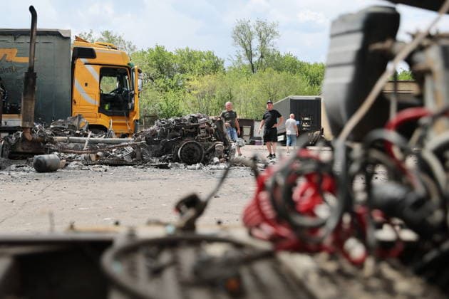 RUSSIA, LUGANSK - JULY 14, 2026: Destroyed vehicles are seen after a military strike on a parking lot with civilian trucks. Alexander Reka TASS  95028675