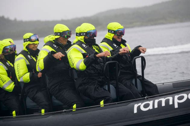 Johann Wadephul (CDU), Bundesaussenminister, faehrt zusammen mit dem norwegischen Aussenminister Espen Barth Eide mit einem Schnellboot von Saltbrygga nach Bodo durch den Saltfjorden. Saltbrygga, 14.07.2026. Fotografiert im Auftrag des Auswaertigen Amtes Saltbrygga Norwegen *** Johann Wadephul (CDU), Federal Minister of Foreign Affairs, travels by speedboat from Saltbrygga to Bodø through the Saltfjorden with Norwegian Foreign Minister Espen Barth Eide. Saltbrygga, July 14, 2026 Photographed on behalf of the Federal Foreign Office Saltbrygga, Norway Copyright: xThomasxTrutschel AAx