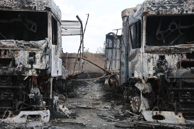 RUSSIA, LUGANSK - JULY 14, 2026: Destroyed vehicles are seen after a military strike on a parking lot with civilian trucks Lugansk Russia  - ZUMAt113 20260714_zaa_t113_246 Copyright: xAlexanderxRekax