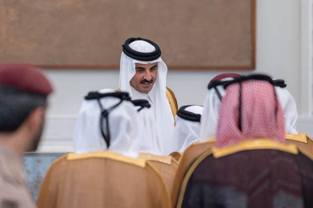 Qatar emir receives condolences at Lusail Palace Qatar s Emir Sheikh Tamim bin Hamad Al Thani receives delegations offering condolences following the death of former Emir Sheikh Hamad bin Khalifa Al Thani at Lusail Palace in Doha, Qatar, on July 14, 2026. The delegations included heads of state, official representatives, and senior officials paying their respects. Photo by Emiri Diwan Office apaimages Doha Doha Qatar 140726_Qatar_QPO_00(11) Copyright: xapaimagesxEmirixDiwanxOfficex xapaimagesx