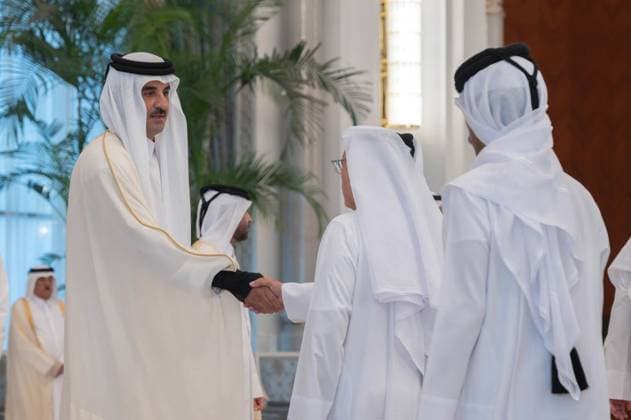 Qatar emir receives condolences at Lusail Palace Qatar s Emir Sheikh Tamim bin Hamad Al Thani receives delegations offering condolences following the death of former Emir Sheikh Hamad bin Khalifa Al Thani at Lusail Palace in Doha, Qatar, on July 14, 2026. The delegations included heads of state, official representatives, and senior officials paying their respects. Photo by Emiri Diwan Office apaimages Doha Doha Qatar 140726_Qatar_QPO_00(22) Copyright: xapaimagesxEmirixDiwanxOfficex xapaimagesx