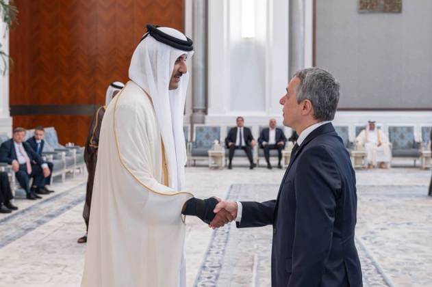 Qatar emir receives condolences at Lusail Palace Qatar s Emir Sheikh Tamim bin Hamad Al Thani receives delegations offering condolences following the death of former Emir Sheikh Hamad bin Khalifa Al Thani at Lusail Palace in Doha, Qatar, on July 14, 2026. The delegations included heads of state, official representatives, and senior officials paying their respects. Photo by Emiri Diwan Office apaimages Doha Doha Qatar 140726_Qatar_QPO_00(24) Copyright: xapaimagesxEmirixDiwanxOfficex xapaimagesx