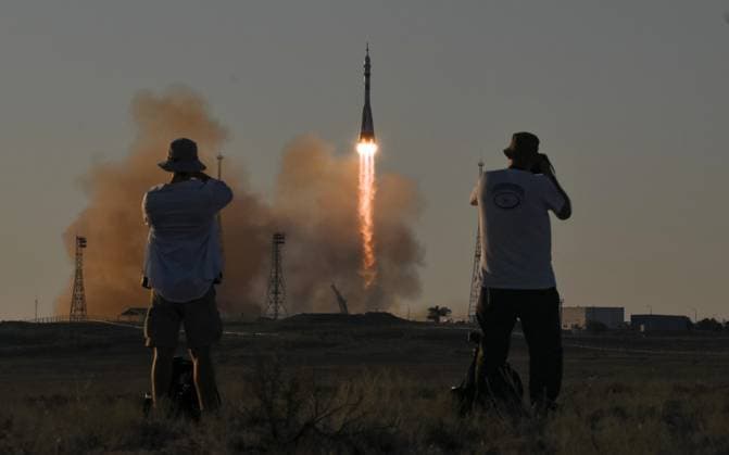Kazakhstan Russia Space 9205438 14.07.2026 The Soyuz MS-29 spacecraft carrying NASA astronaut Anil Menon, Roscosmos cosmonauts Pyotr Dubrov and Anna Kikina blasts off to the International Space Station (ISS) from the launchpad at the Baikonur Cosmodrome, Kazakhstan. Yuri Kochetkov Sputnik Baikonur Kazakhstan  Copyright: xYurixKochetkovx