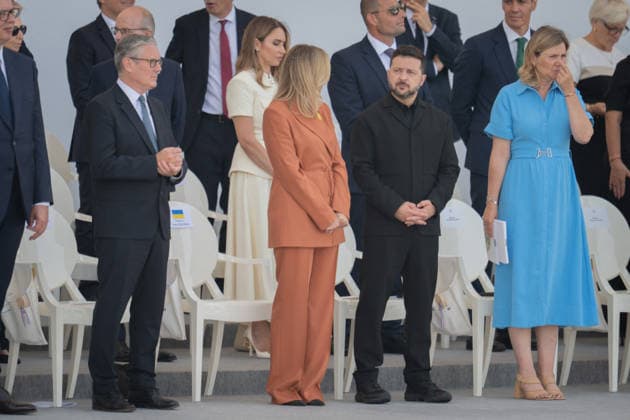 Bastille Day Parade - Place de la Concorde - Paris Ukrainian President s wife Olena Zelenska, Ukraine s President Volodymyr Zelensky, French President s wife Brigitte Macron, France s President Emmanuel Macron during the annual Bastille Day military parade on the Champs-Elysees Avenue in Paris, France on July 14, 2026. Photo by Alexis Jumeau ABACAPRESS.COM. Paris France  Copyright: xJumeauxAlexis ABACAx