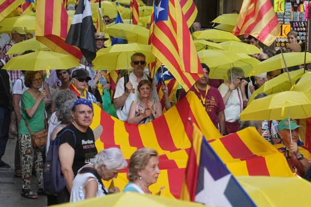 ANC Rally in Barcelona’s Plaza de Sant Jaume Against the Royal Family’s Visit Several people carrying pro-independence flags during the protest rally on July 14, 2026, in Barcelona, Catalonia, Spain. This citizen mobilization, called by the Catalan National Assembly (ANC) in Sant Jaume Square, was organized in parallel to protest the presence of the King and Queen, Princess Leonor, and Infanta Sofía in the city for the 2026 Princess of Girona Awards, bringing together protesters to express pro-independence and republican sentiments. JULY 14, 2026 NO KING, NO CROWN Barcelona, Catalonia Barcelona, Catalonia Spain  Copyright: xDavidxZorrakinox 7664546