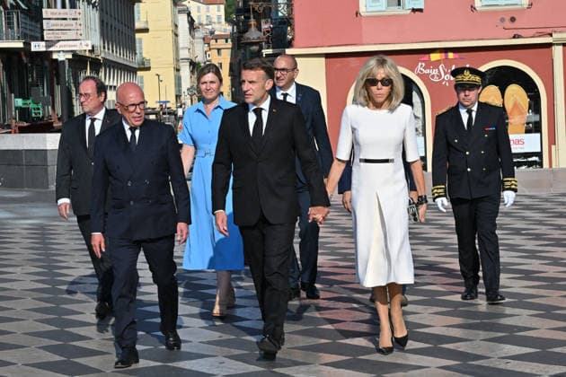 Commemoration of tenth anniversary of the Nice bombing French President Emmanuel Macron, Brigitte Macron, Yaël Braun-Pivet, Laurent Nunez, Eric Ciotti and François Hollande attend the ceremony to commemorate the tenth anniversary of the Nice truck-ramming attack on July 14, 2026 in Nice, France, which killed 86 people and injured 458 others on the Promenade des Anglais during the national holiday, marking the deadliest attack in Nice s history and the second deadliest in France under the Fifth Republic. Photo by Bruno Bebert Pool ABACAPRESS.COM Nice France  Copyright: xPool ABACAx