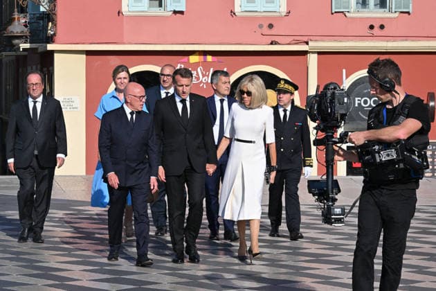 Commemoration of tenth anniversary of the Nice bombing French President Emmanuel Macron, Brigitte Macron, Yaël Braun-Pivet, Laurent Nunez, Eric Ciotti and François Hollande attend the ceremony to commemorate the tenth anniversary of the Nice truck-ramming attack on July 14, 2026 in Nice, France, which killed 86 people and injured 458 others on the Promenade des Anglais during the national holiday, marking the deadliest attack in Nice s history and the second deadliest in France under the Fifth Republic. Photo by Bruno Bebert Pool ABACAPRESS.COM Nice France  Copyright: xPool ABACAx