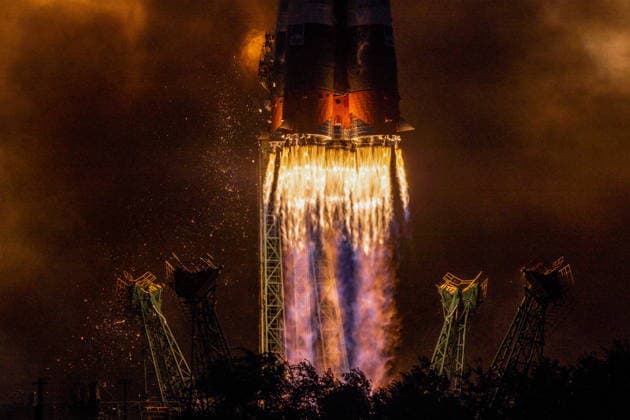 KAZAKHSTAN, KYZYLORDA REGION - JULY 14, 2026: A Soyuz-2.1a rocket booster blasts off from the Baikonur Cosmodrome to put into orbit the Soyuz MS-29 spacecraft with Roscosmos cosmonauts Pyotr Dubrov, Anna Kikina and NASA astronaut Anil Menon on board as the prime crew of Expedition 74 75 to the International Space Station (ISS). Sergei Savostyanov TASS  95045162