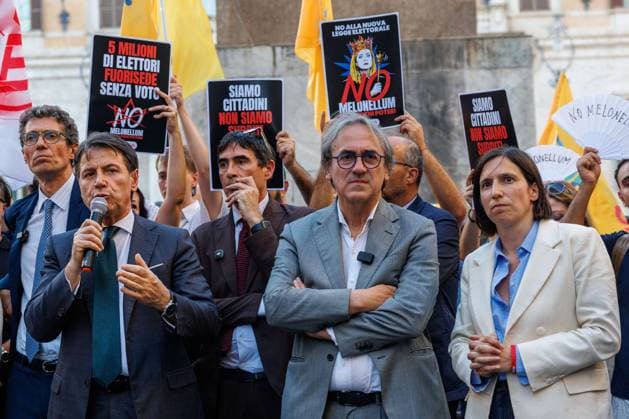 July 14, 2026, Rome, Roma, Italy: Opposition leaders participate in the sit-in oo¡ooeÃ¢oeoÂ¤Ã¢oeÃ¢¢˜The Night of Democracyoo¡ooeÃ¢oeoÂ¤Ã¢oeÃ¢¢˜ against the reform of the electoral law in the photo Elly Schlein, Angelo Bonelli, Giuseppe Conte, Nicola Fratoianni Riccardo Magi Rome, 14 07 26 Rome Italy  - ZUMAa289 20260714_zia_a289_161 Copyright: xFrancescoxFotiax xAgfx